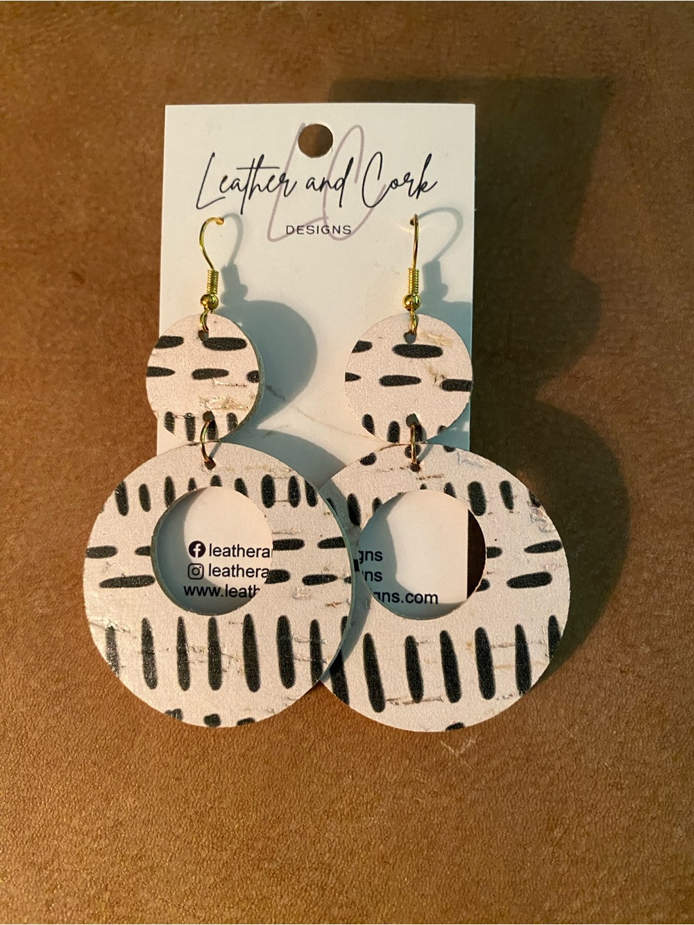 Leather and Cork Designs White Black Patterned Circle Dangle Earrings
